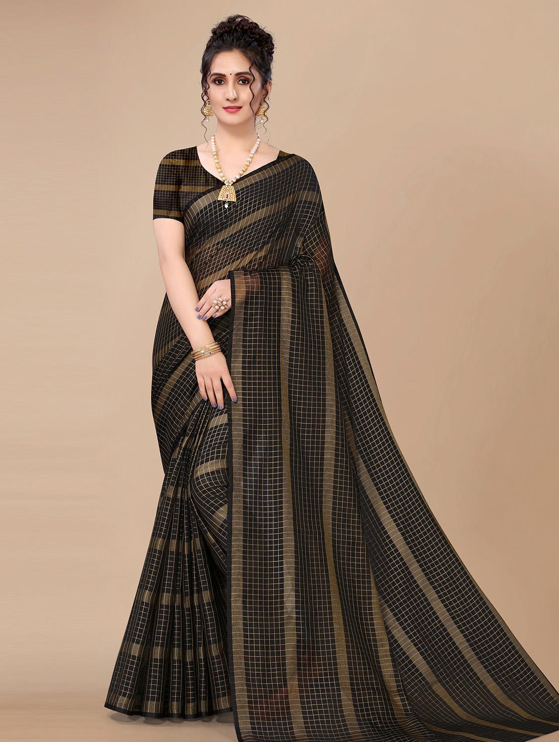 checkered woven saree - 18441639 - Zoom Image - 0