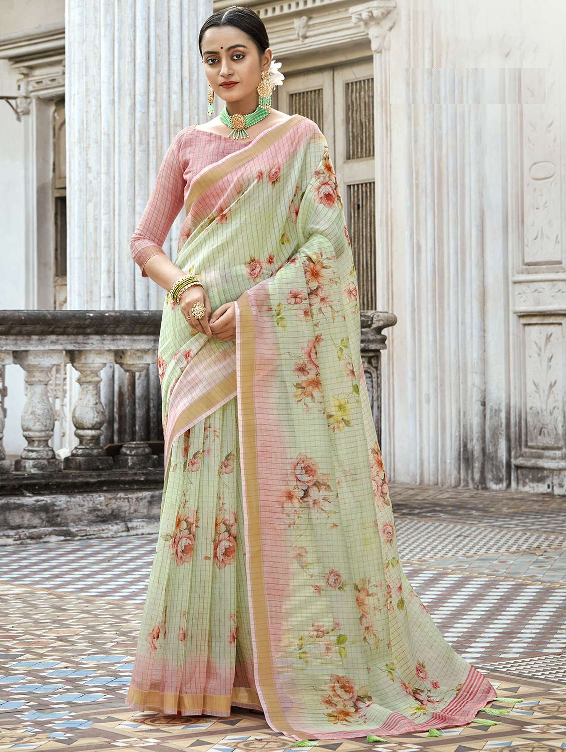 golden zari work printed saree with blouse