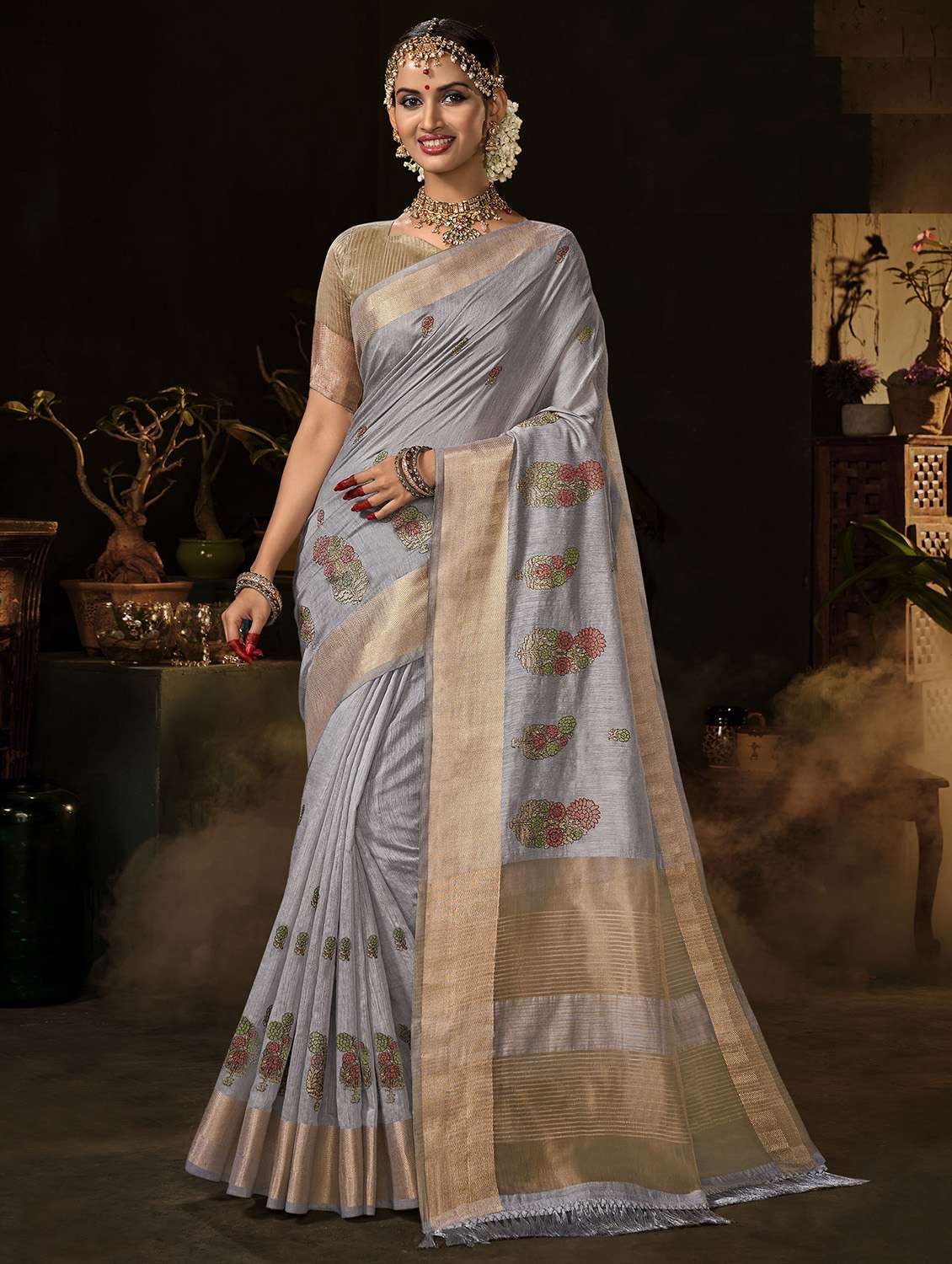 golden zari work embroidered saree with blouse