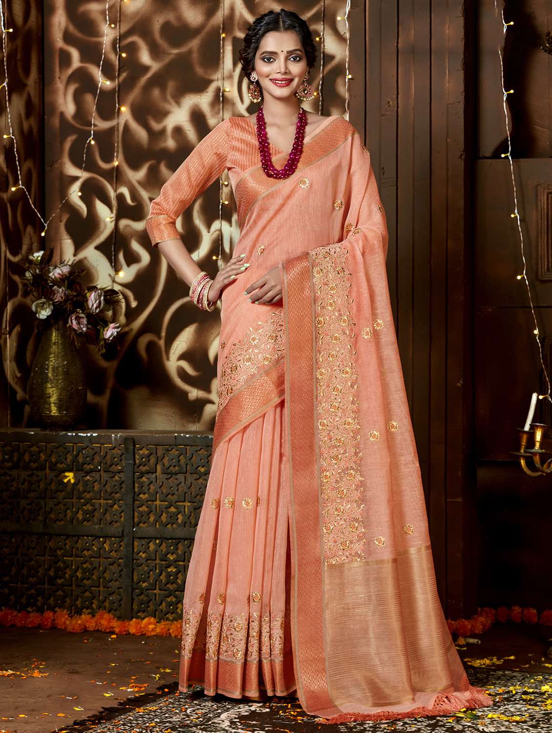 golden zari work embroidered saree with blouse