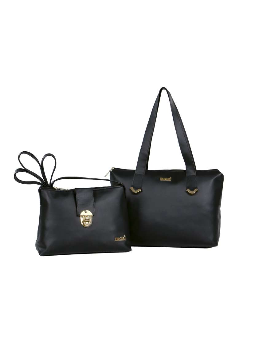 black solid handbag with sling bag