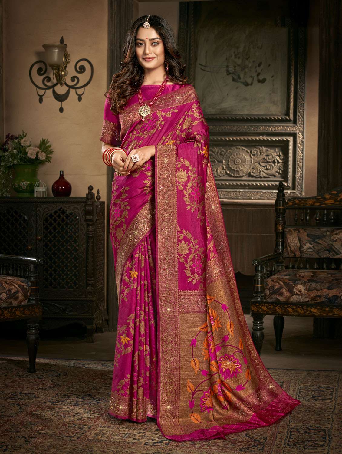 self design embroidered saree with blouse