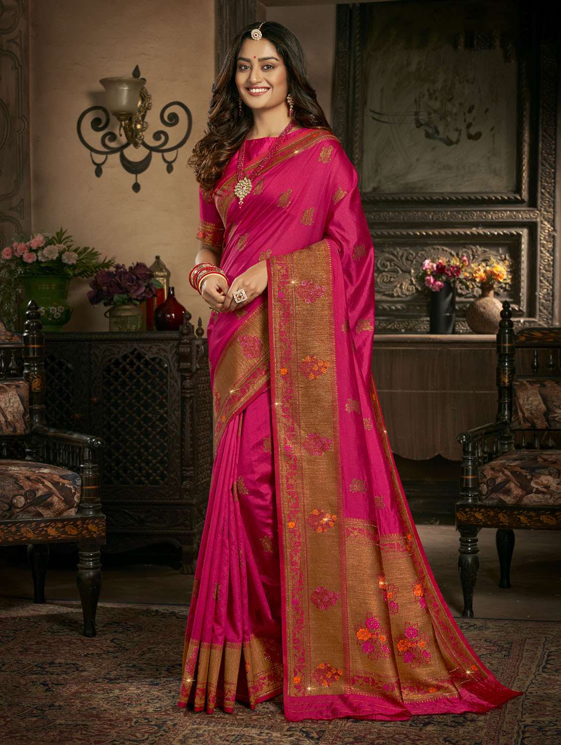 self design embroidered saree with blouse