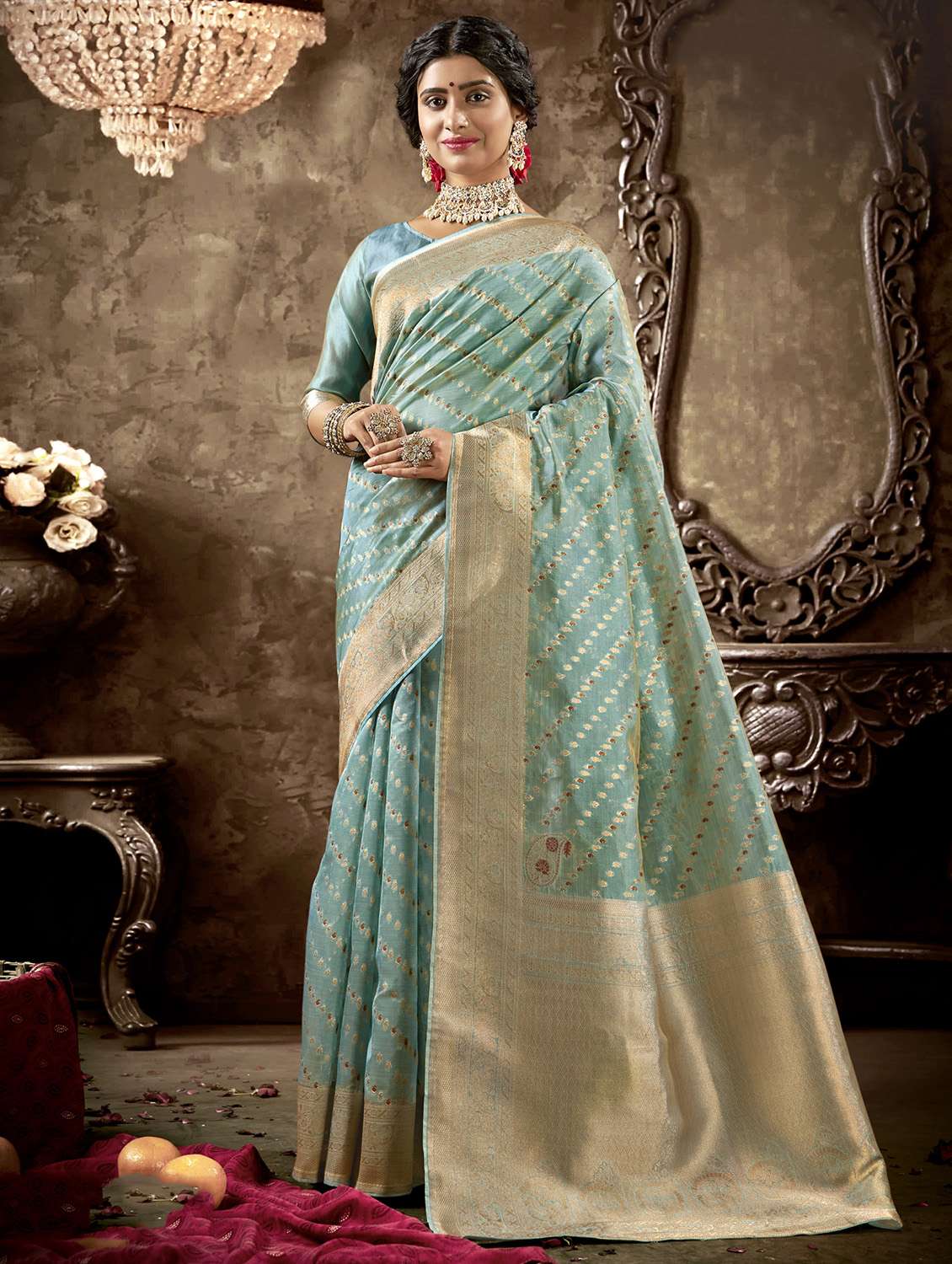 golden zari work woven saree with blouse