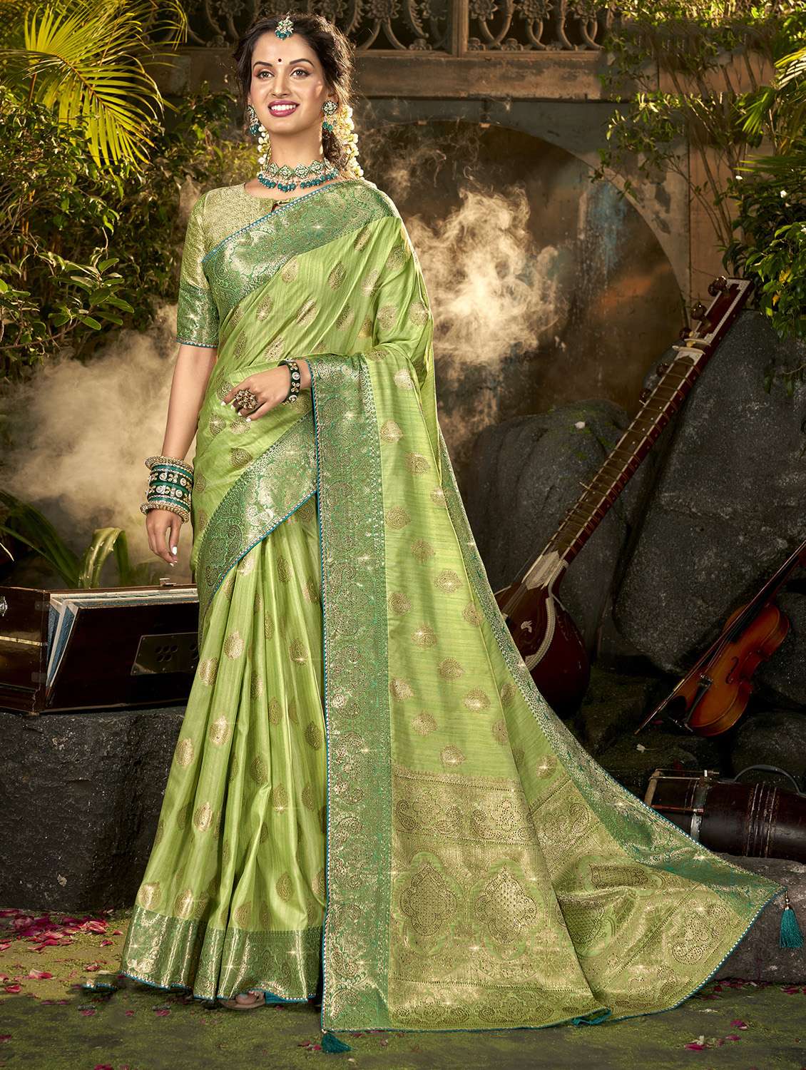 golden zari work woven saree with blouse