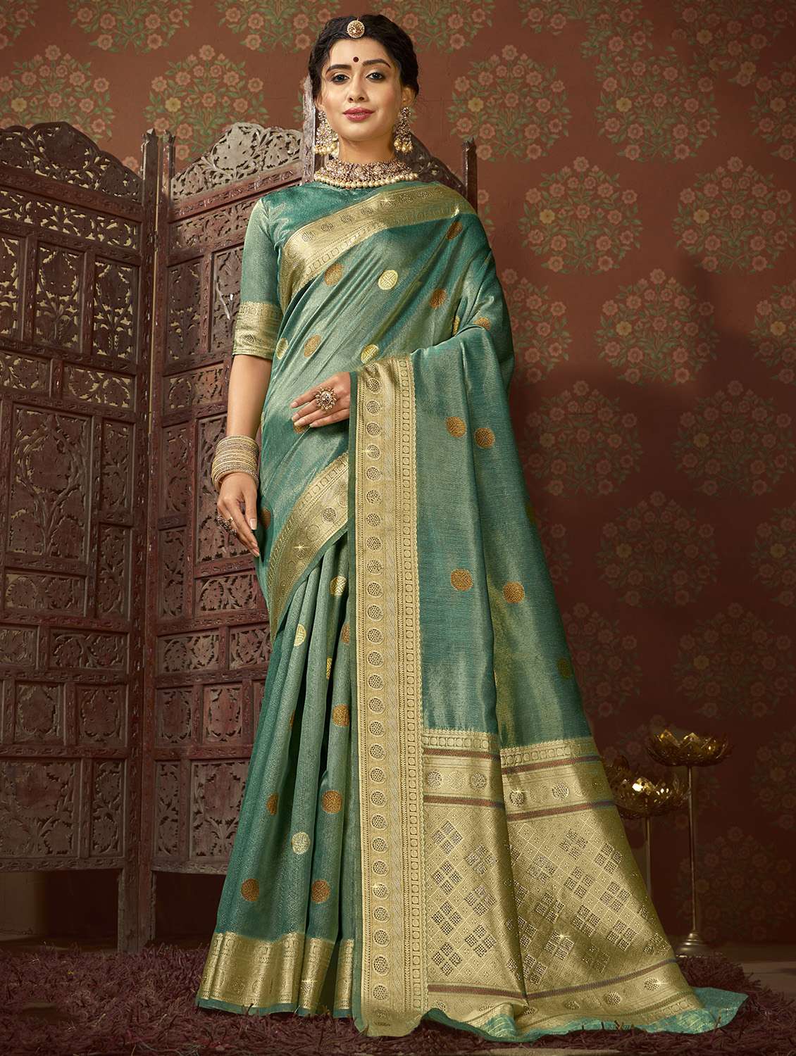 golden zari work woven saree with blouse