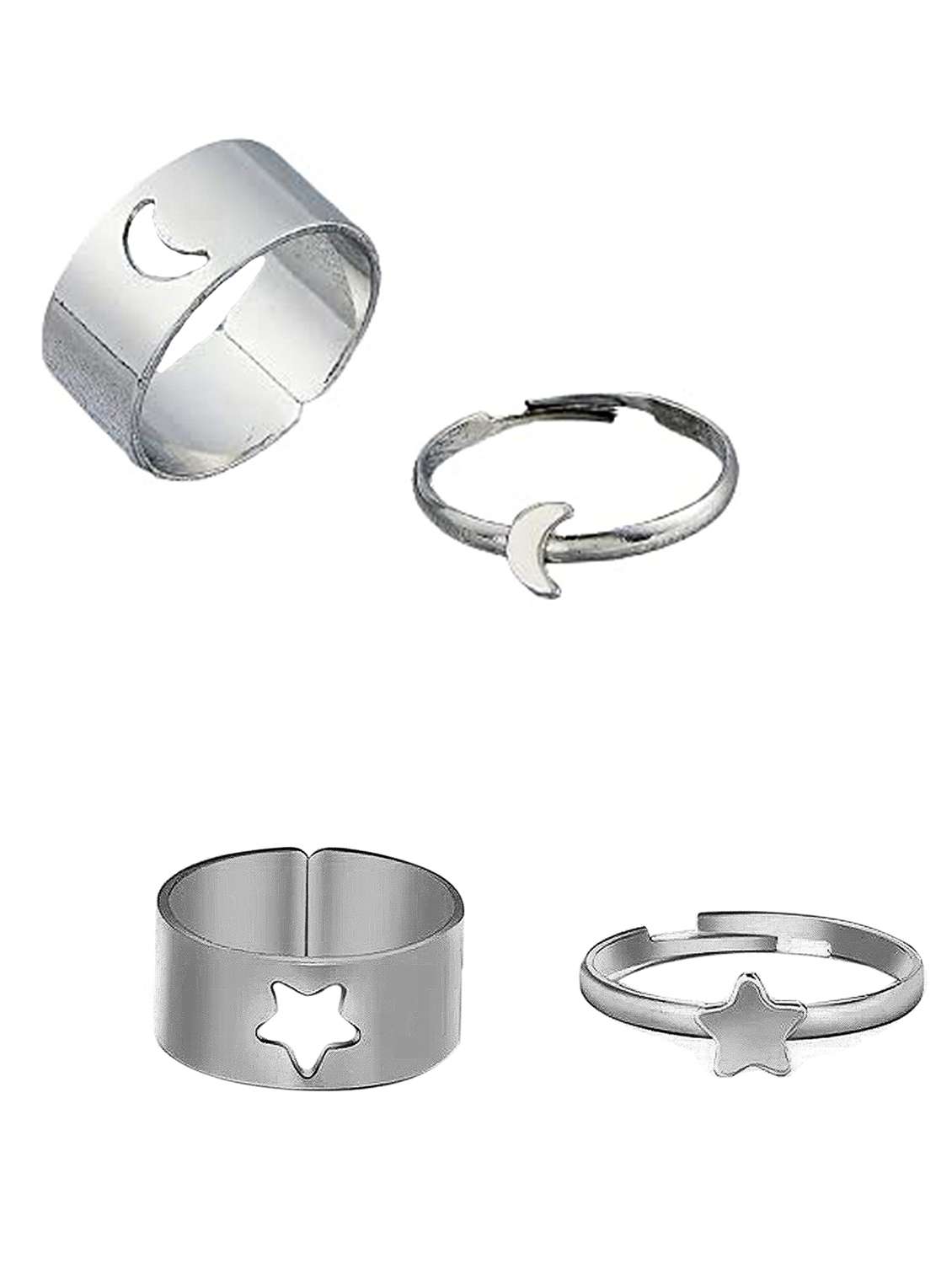 combo of 2 pretty silver plated star and half moon couple ring