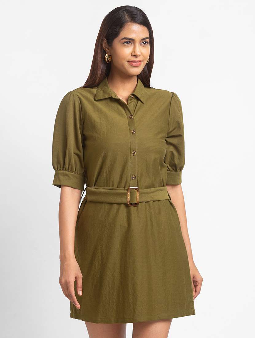 strapless open back dress Women's Plus Size Olive Green Floral Printed Shirt Dress