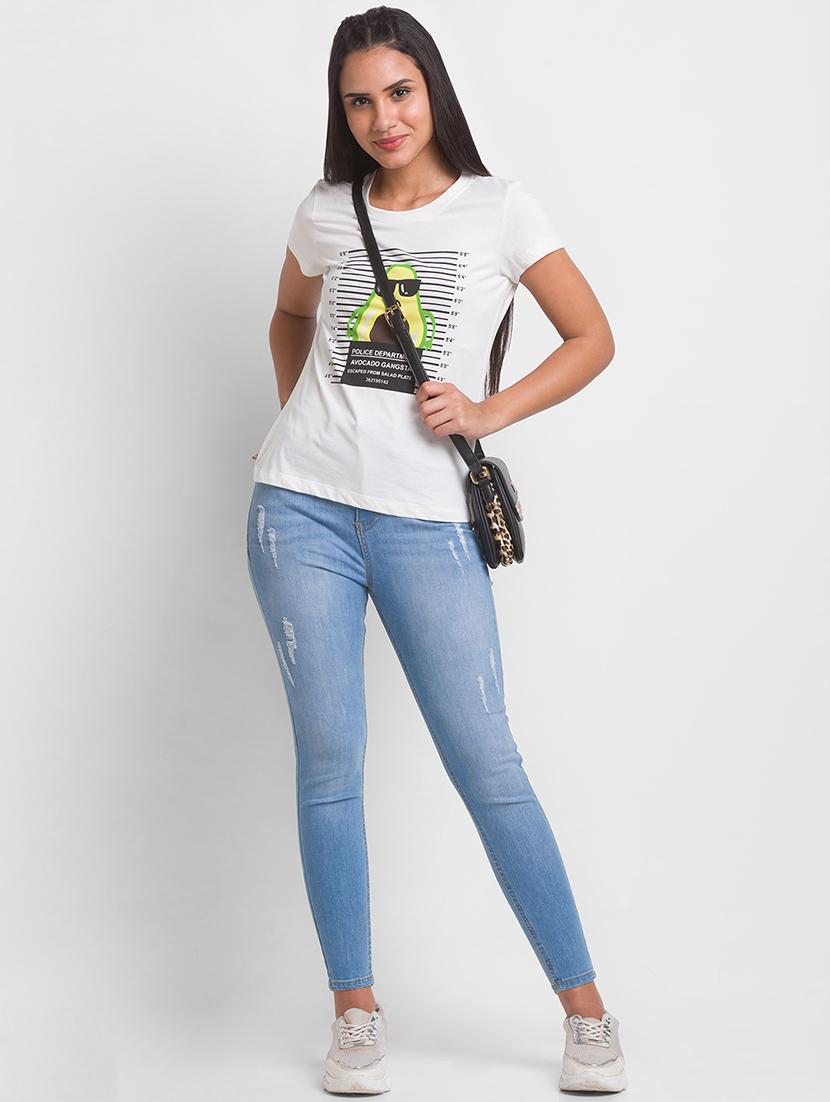 women's chest print round neck t-shirt - 18444626 - Standard Image - 3