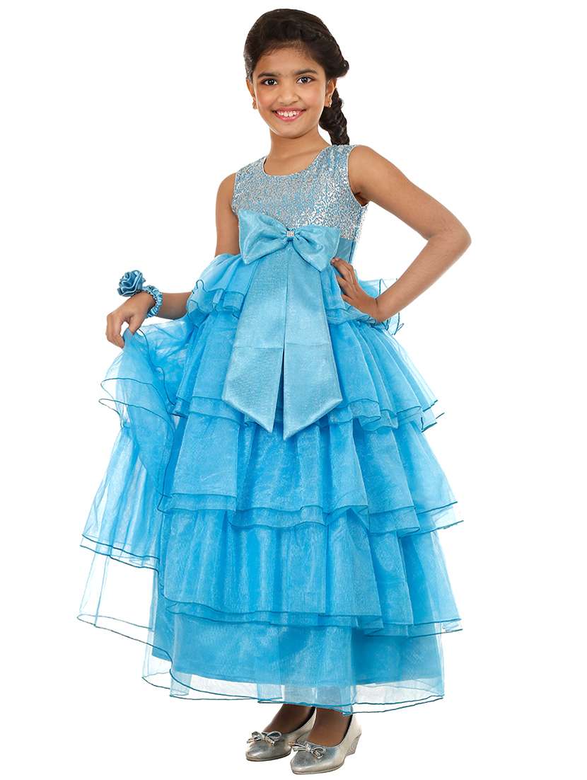 girls blue solid layered party gown