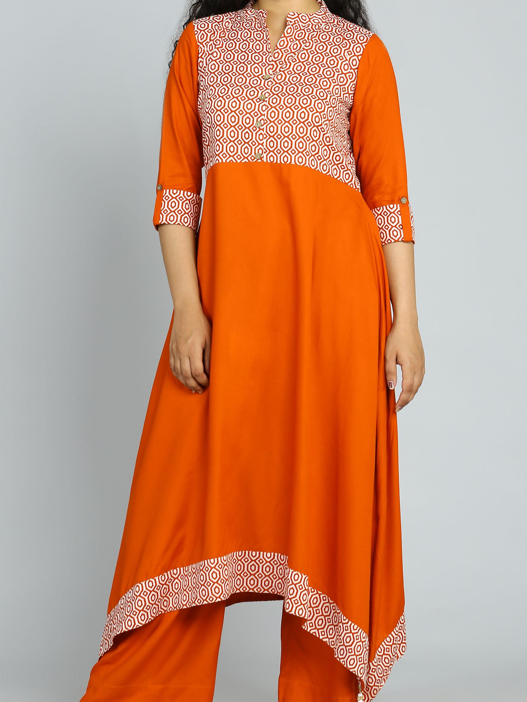 ethnic orange kurta with pant set - 18445344 - Zoom Image - 0