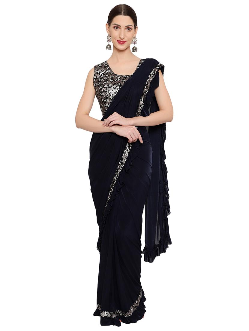 sequin lace detailed solid draped saree with blouse - 18445567 - Zoom Image - 0