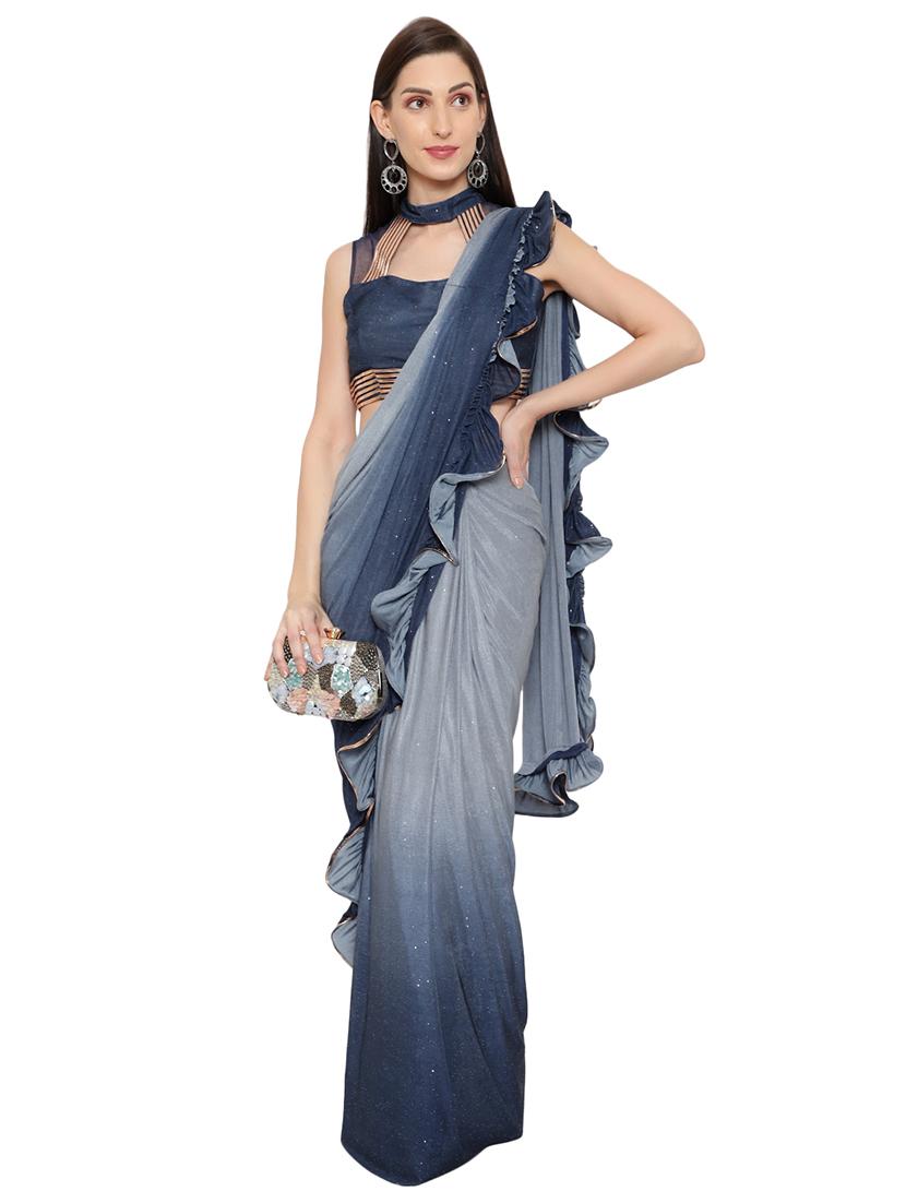shimmery ombre ruffled draped saree with blouse - 18445574 - Zoom Image - 0