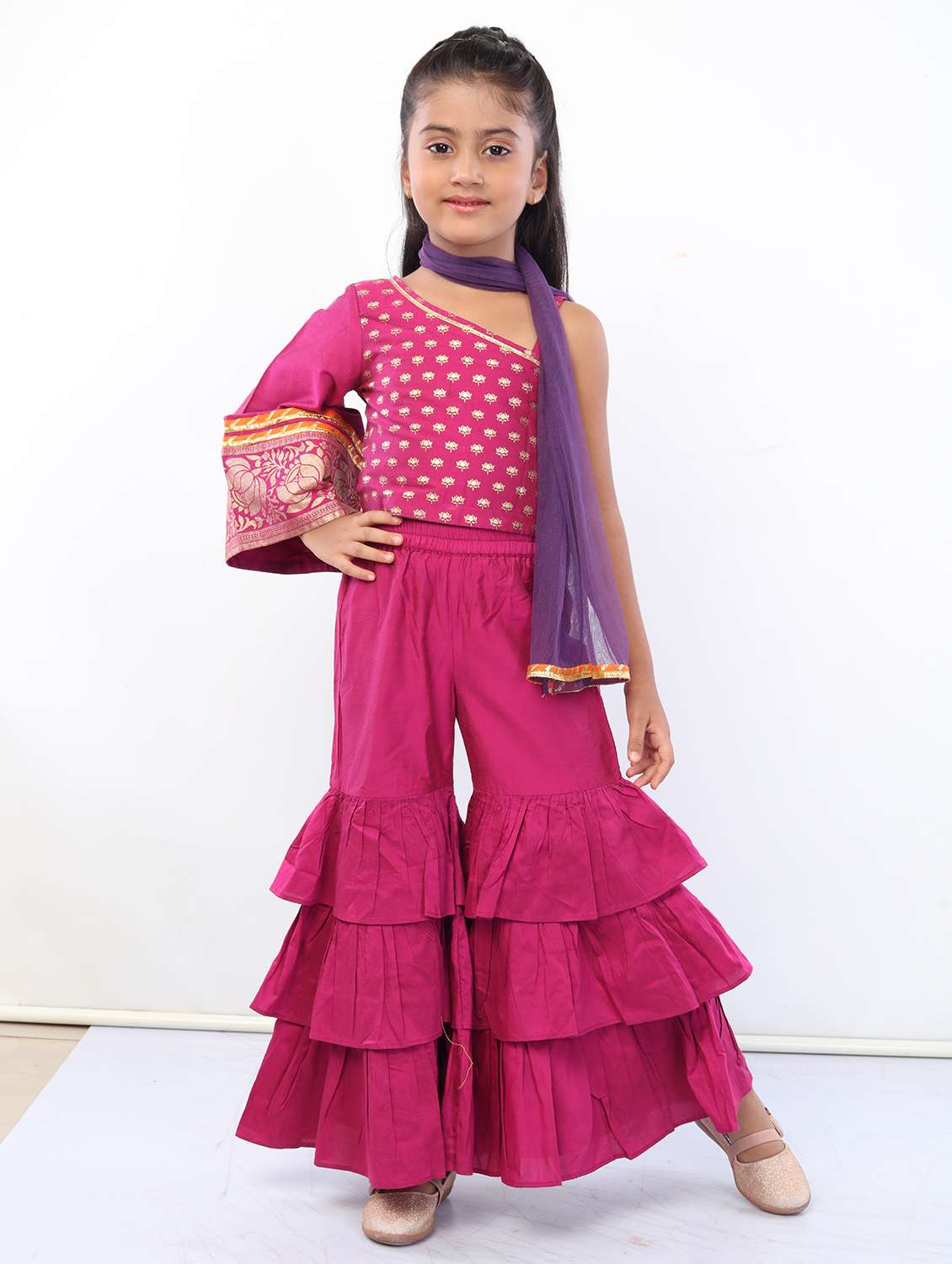 girls pink printed top sharara set with dupatta