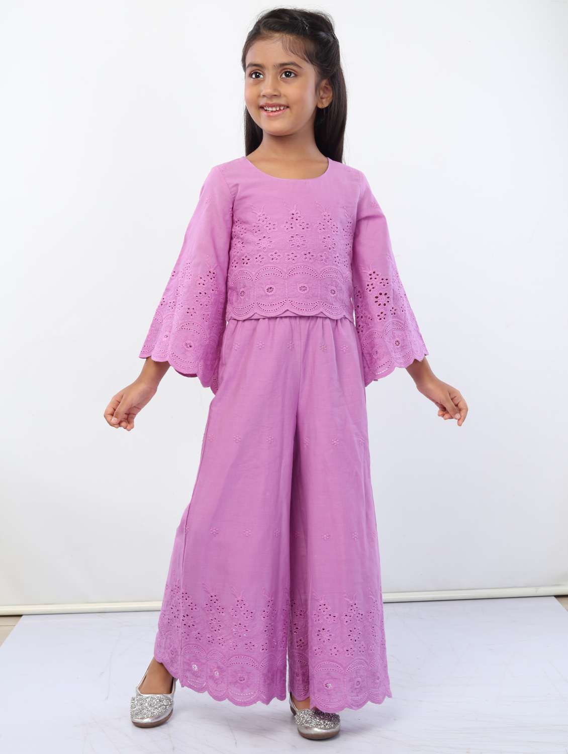 girls purple solid top pants set