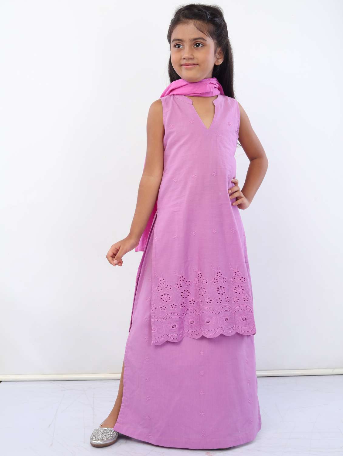 girls purple solid kurta skirt set with dupatta