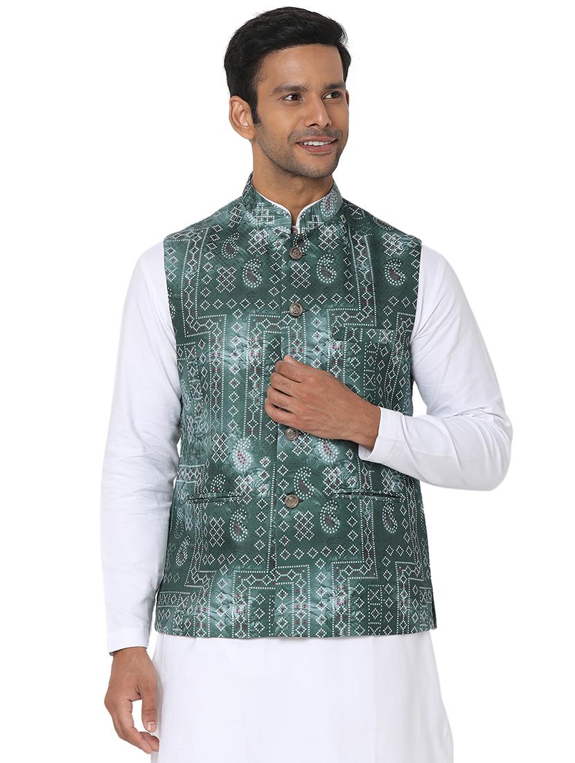 bottle-green printed nehru jacket - 18446476 -  Zoom Image - 0