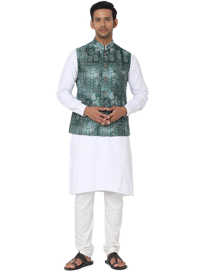 bottle-green printed nehru jacket - 18446476 - Standard Image - 3