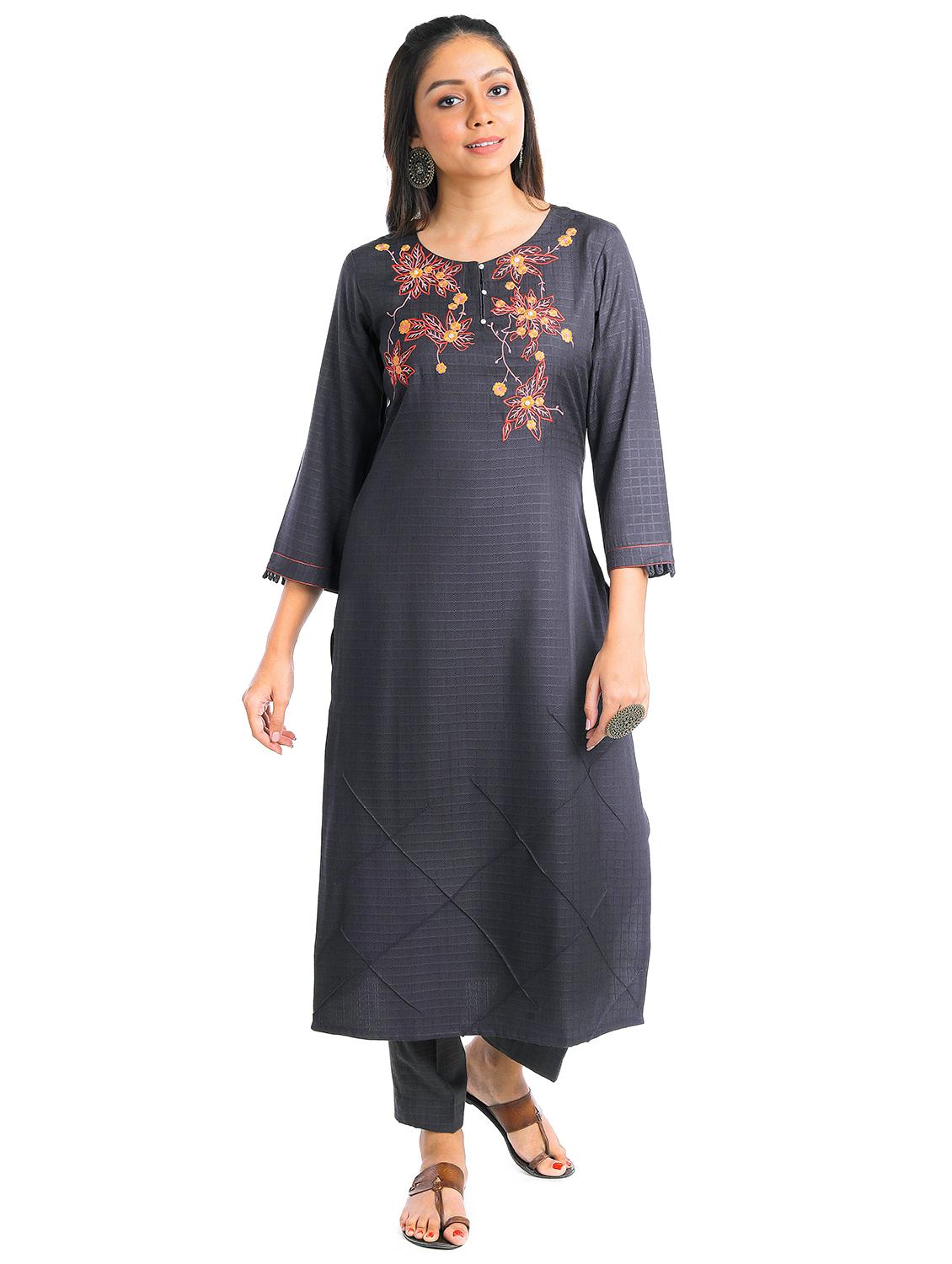 women grey embroidered kurta pant set - 18447444 -  Zoom Image - 0