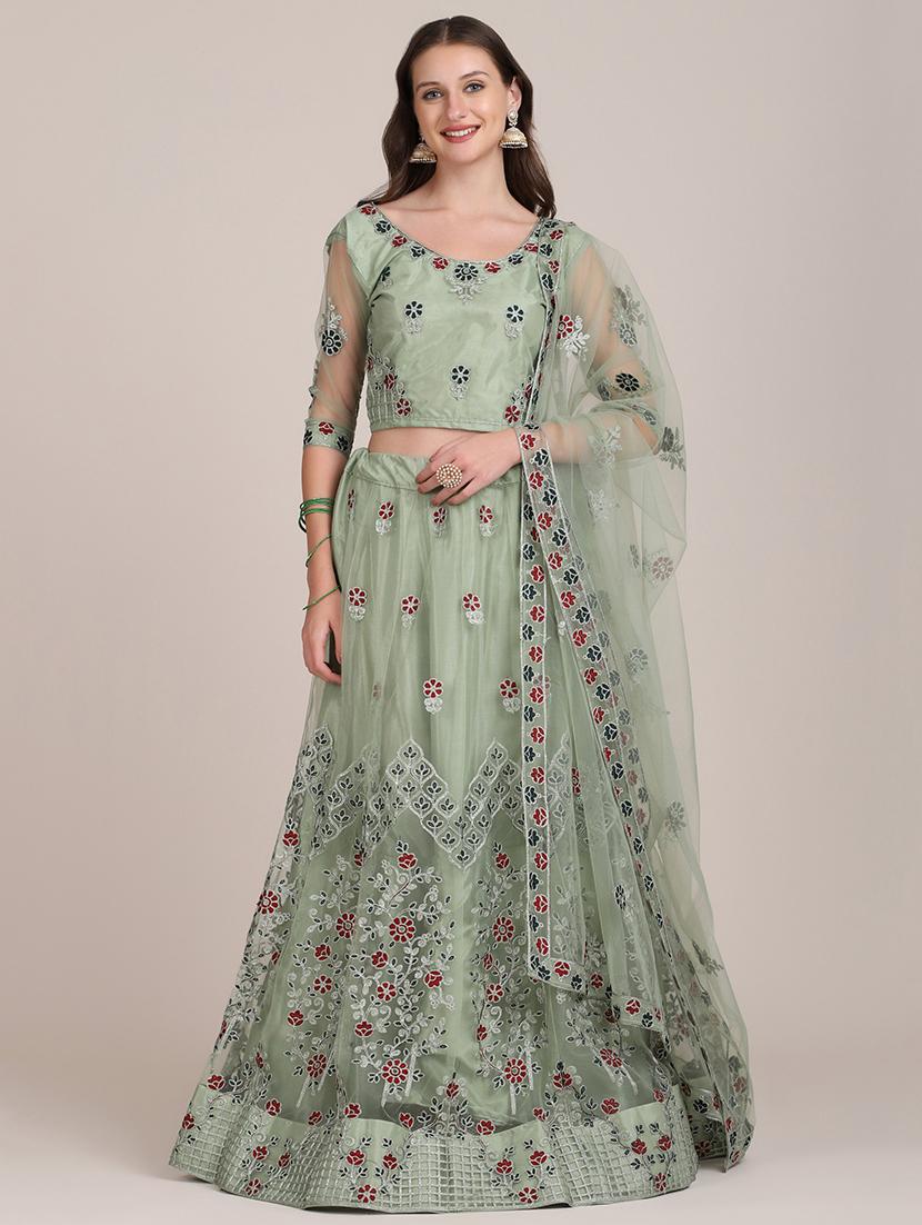 olive embroidered semi- stitched lehenga with dupatta - 18447923 - Zoom Image - 0