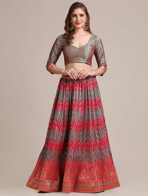 grey chevron flared lehenga with dupatta - 18447944 - Standard Image - 0