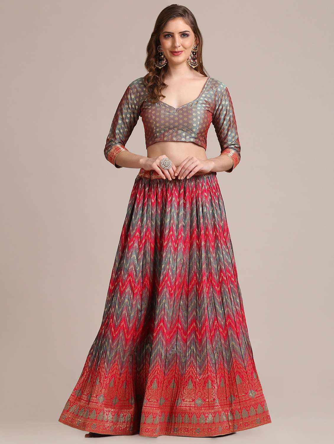 grey chevron flared lehenga with dupatta - 18447944 - Zoom Image - 0
