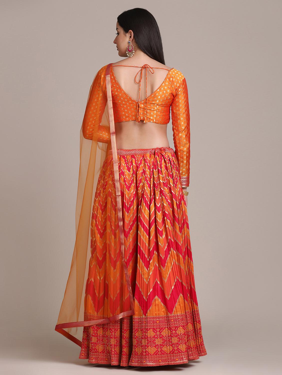 pleated chevron flared lehenga with dupatta - 18447946 - Standard Image - 3