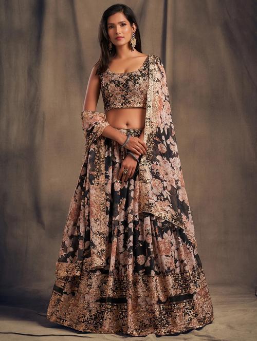 black embroidered semi-stitched flared lehenga choli set with dupatta - 18448693 -  Standard Image - 0