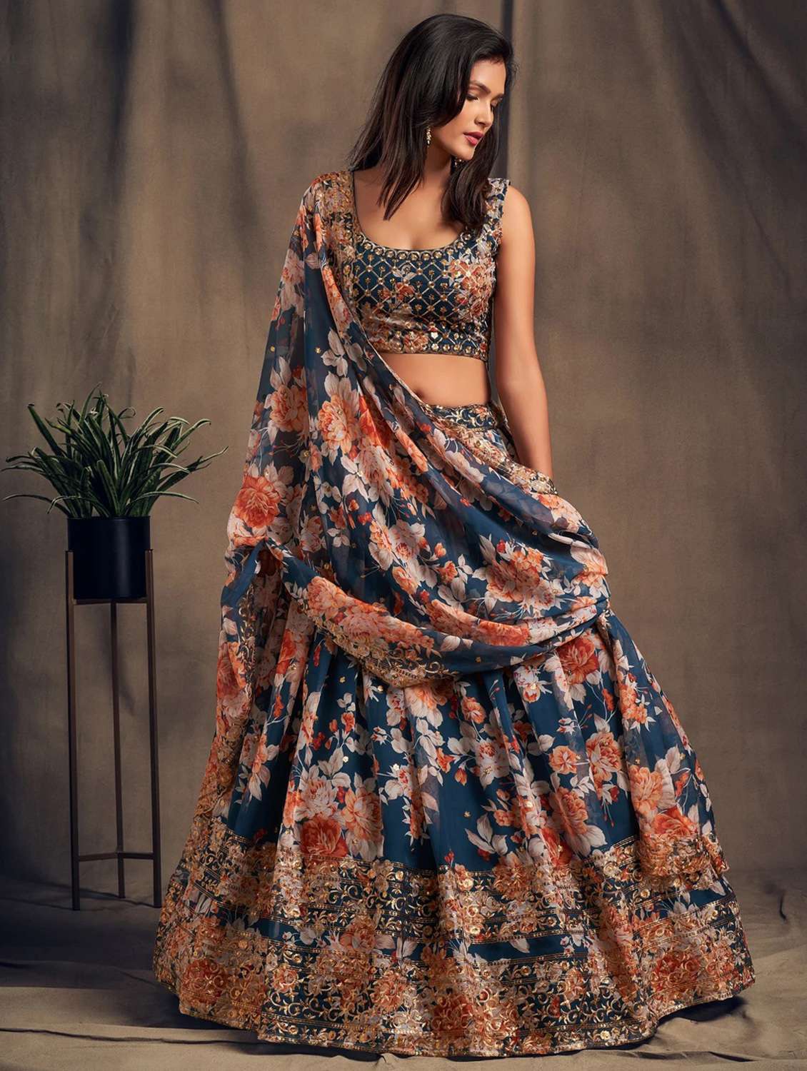 navy blue embroidered semi-stitched flared lehenga choli set with dupatta - 18448694 - Standard Image - 3