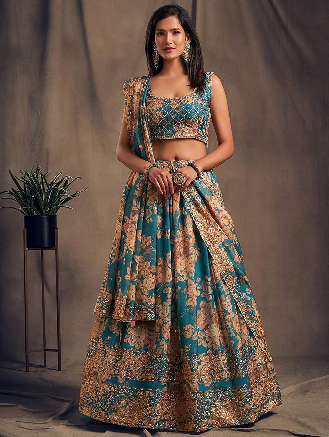 turquoise embroidered semi-stitched flared lehenga choli set with dupatta - 18448695 -  Zoom Image - 0
