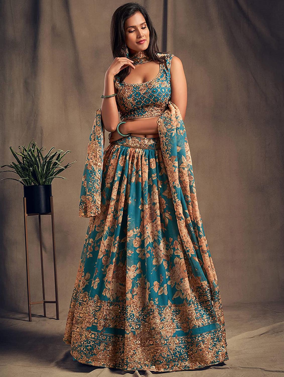 turquoise embroidered semi-stitched flared lehenga choli set with dupatta - 18448695 - Standard Image - 3