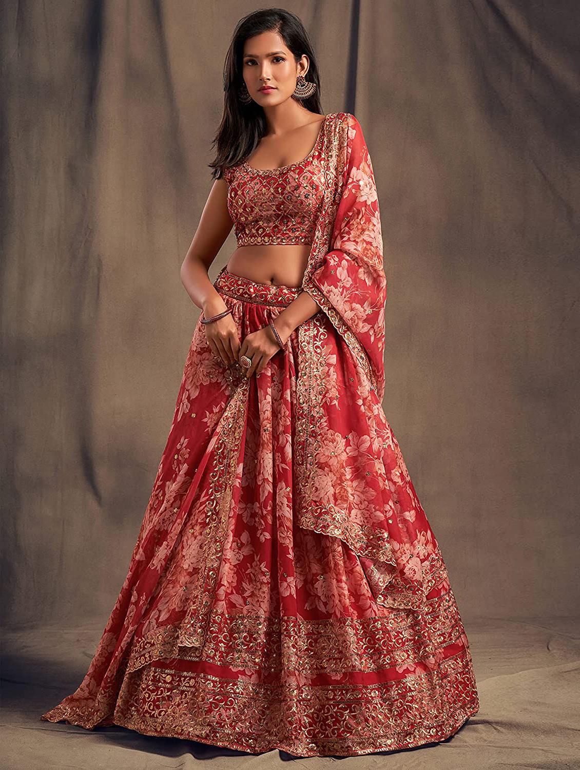 red embroidered semi-stitched flared lehenga choli set with dupatta - 18448698 -  Zoom Image - 0