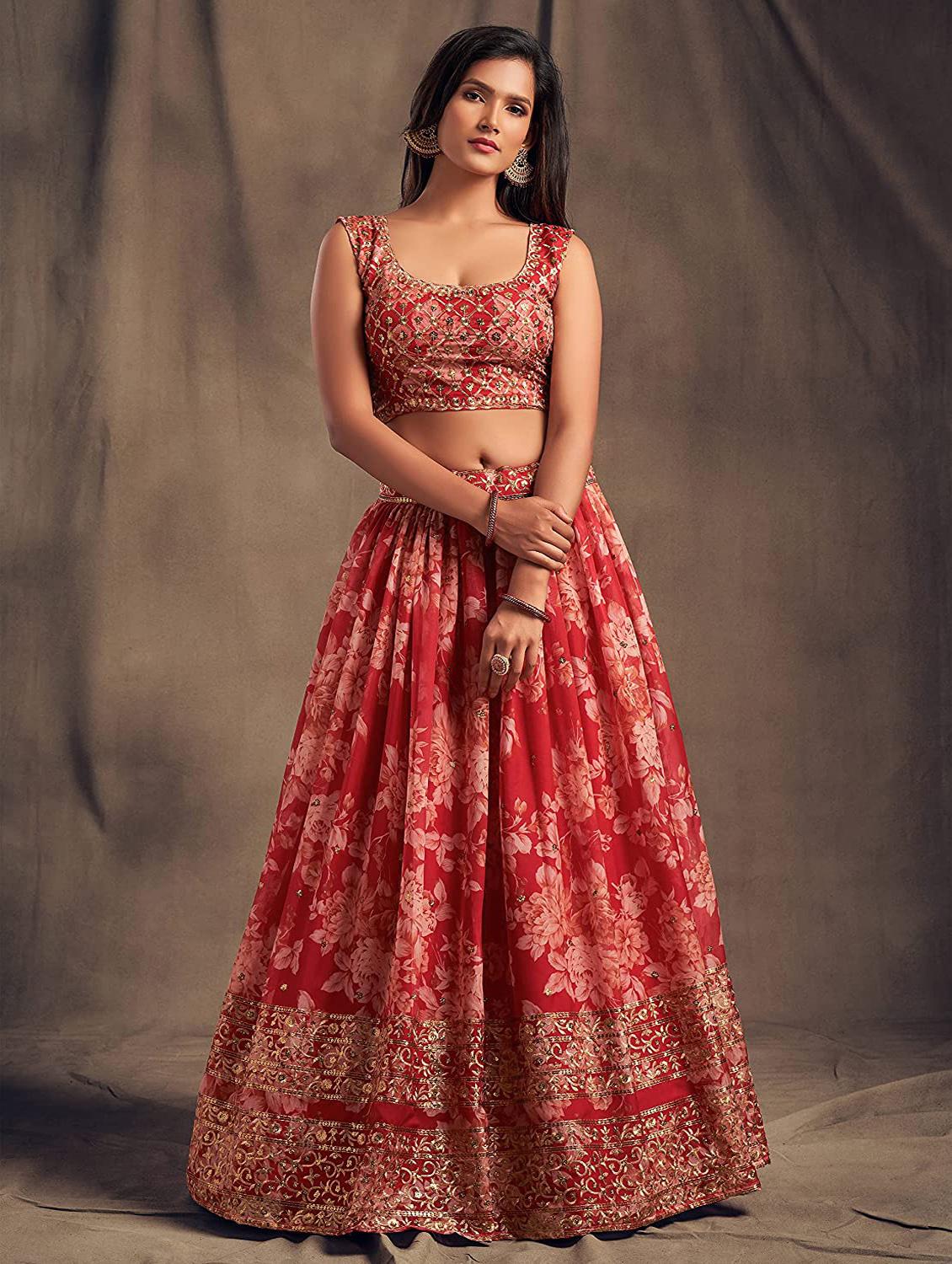 red embroidered semi-stitched flared lehenga choli set with dupatta - 18448698 - Standard Image - 3