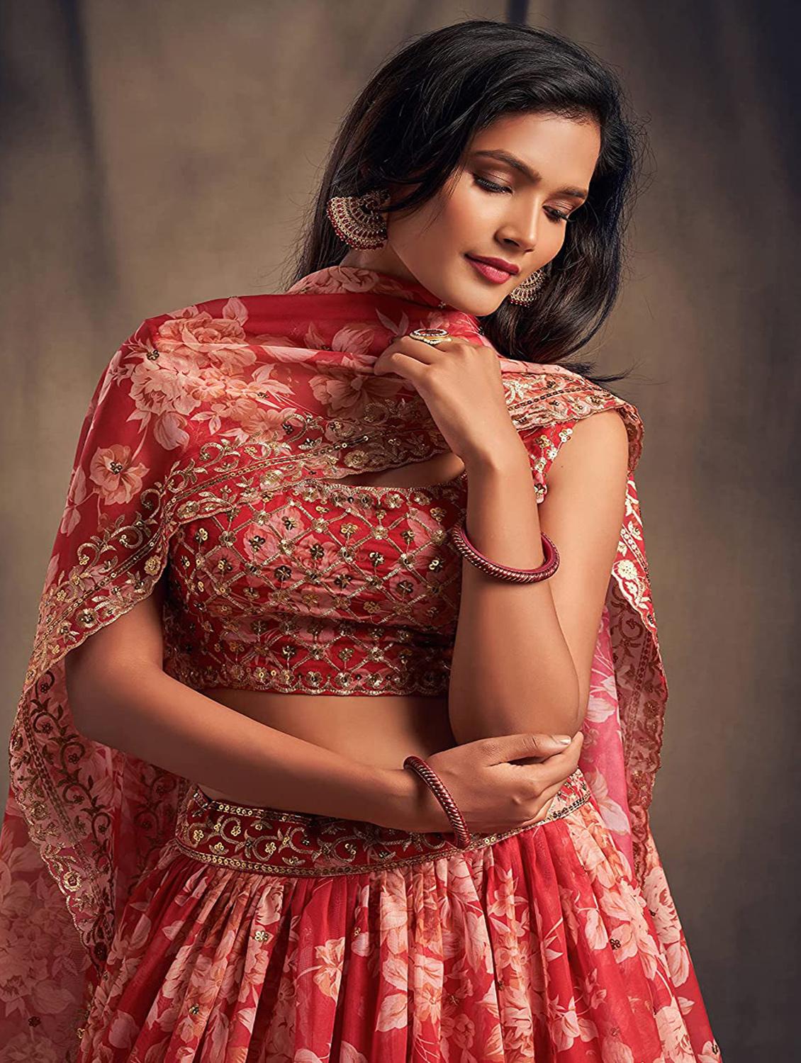 red embroidered semi-stitched flared lehenga choli set with dupatta - 18448698 - Standard Image - 5