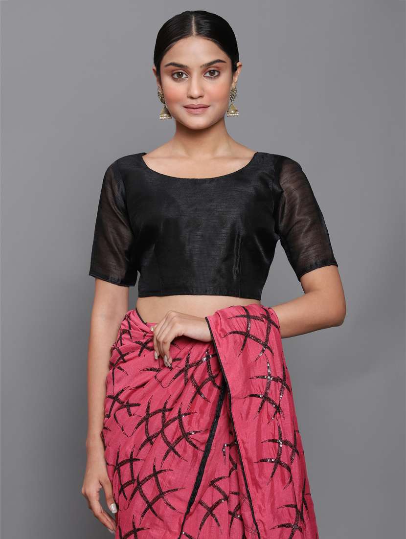 contrast piping embroidered saree with blouse - 18448860 - Standard Image - 3