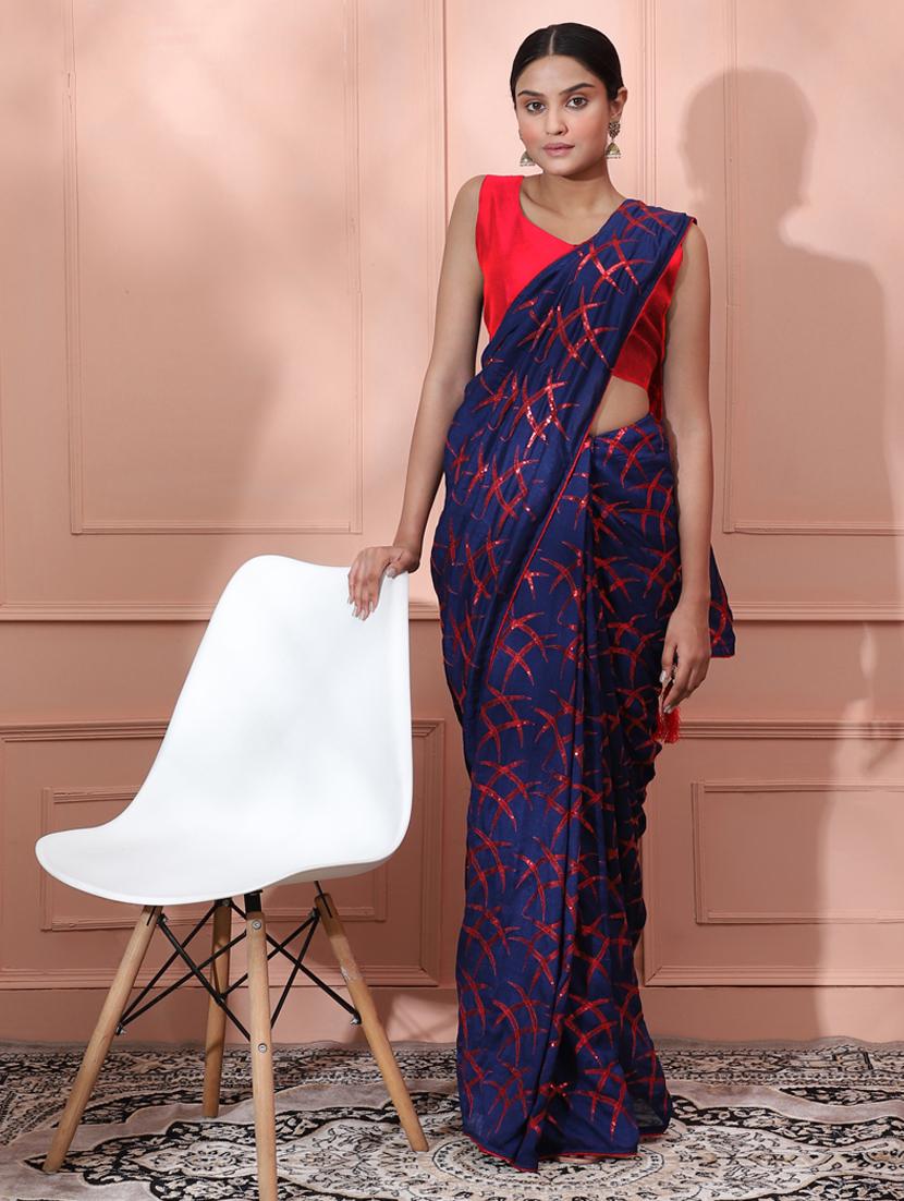 contrast piping embroidered saree with blouse - 18448861 - Zoom Image - 0
