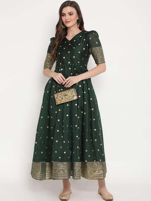 bottle green ethnic dress Bottle Green Sequins Work And Zari Embroidered Ethnic Gown For Girls 6-7Y(26) main image 0