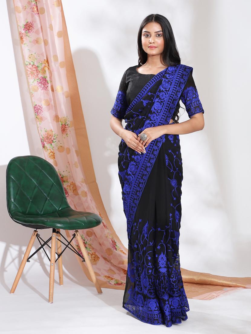 black embroidered saree with blouse - 18449229 - Zoom Image - 0
