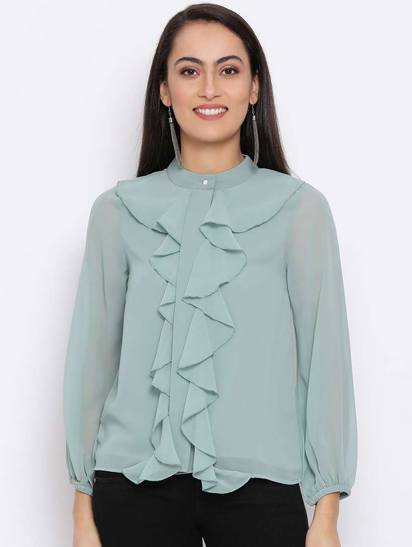 Women Sea Green Regular Fit Mandarin Neck Ruffled Top
