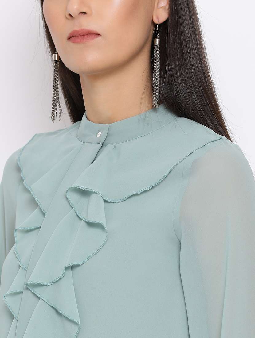 Women Sea Green Regular Fit Mandarin Neck Ruffled Top