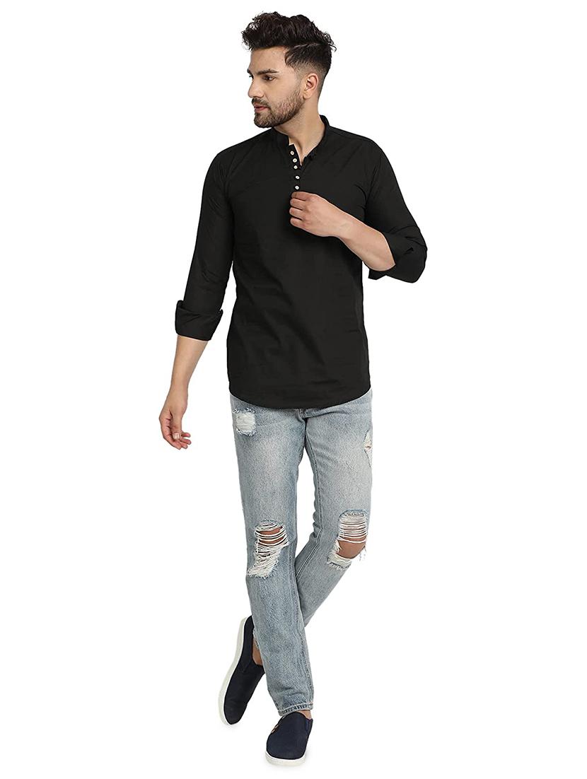 black solid short kurta - 18450600 - Standard Image - 3