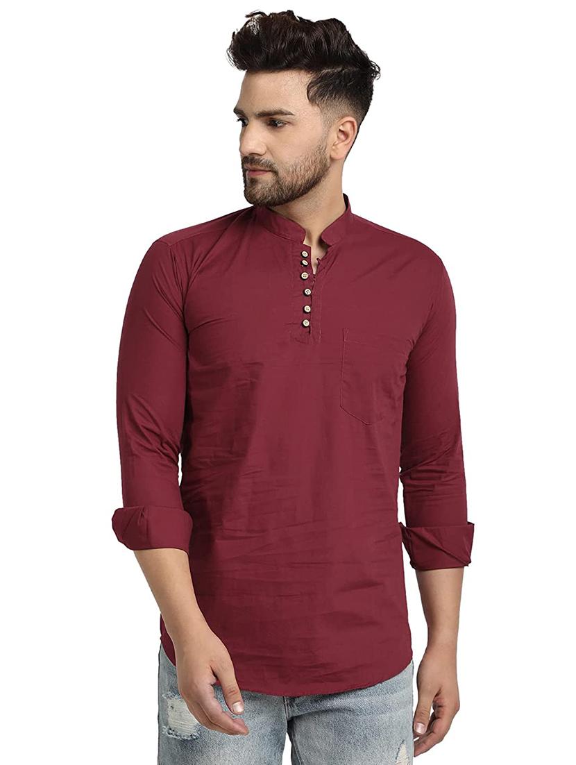maroon solid short kurta - 18450602 -  Zoom Image - 0