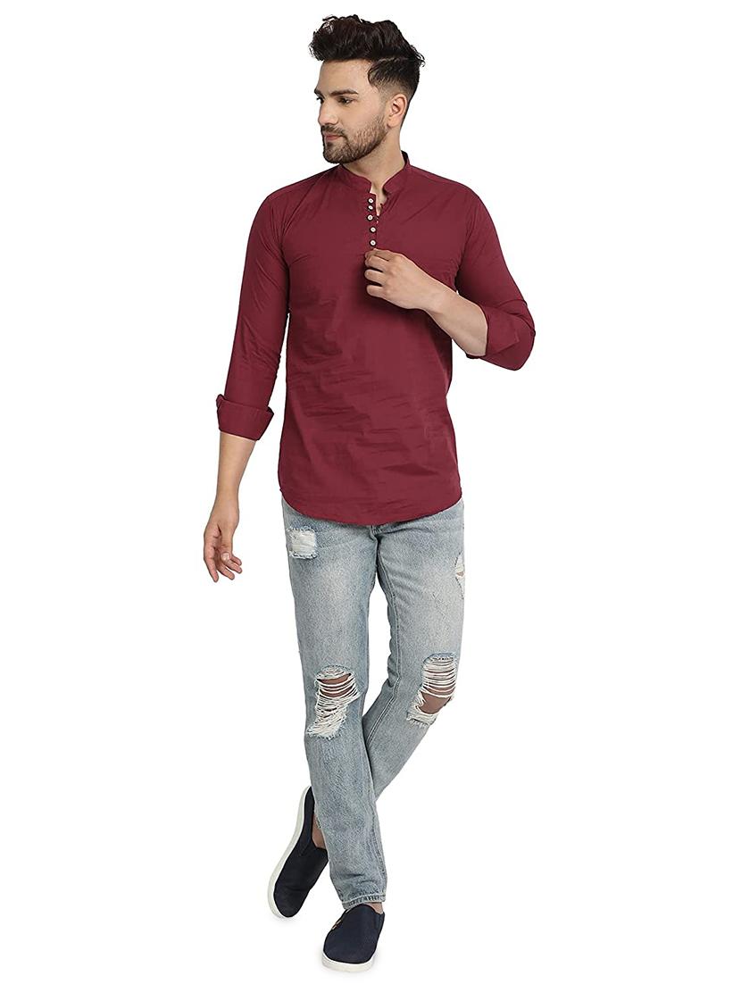 maroon solid short kurta - 18450602 - Standard Image - 3