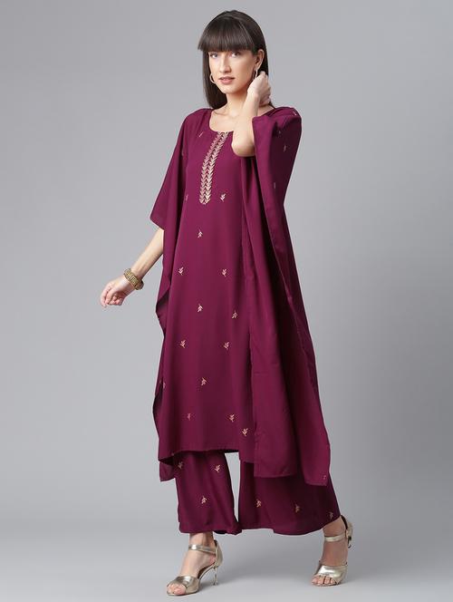 burgundy foil-printed kurta palazzo set - 18451120 -  Standard Image - 0