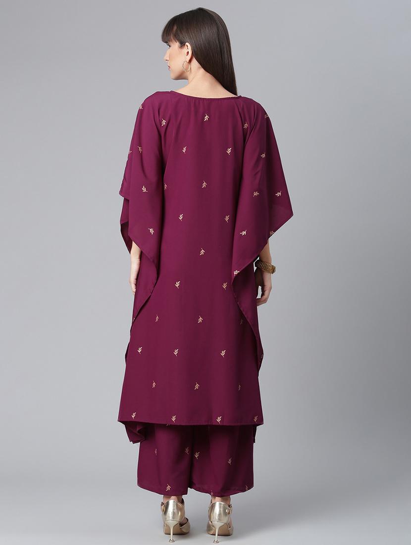 burgundy foil-printed kurta palazzo set - 18451120 - Standard Image - 3