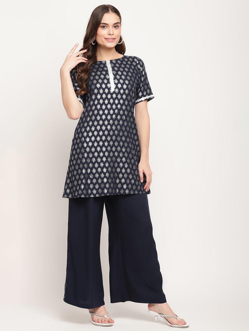 foil print kurta palazzo set - 18451204 - Zoom Image - 0