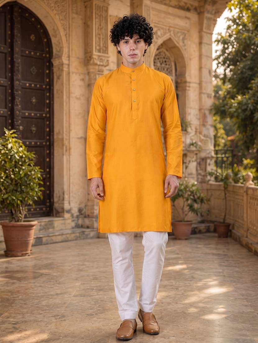 yellow solid kurta pyjama ethnic wear set