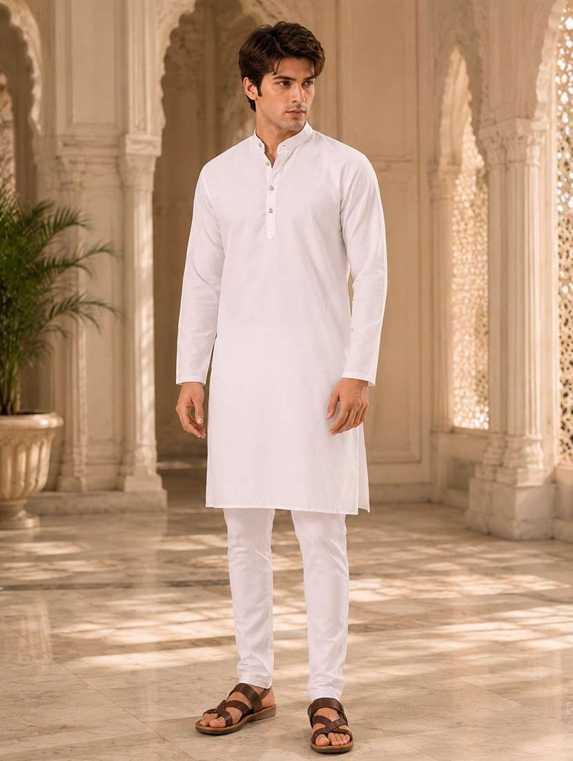 white solid kurta pyjama ethnic wear set