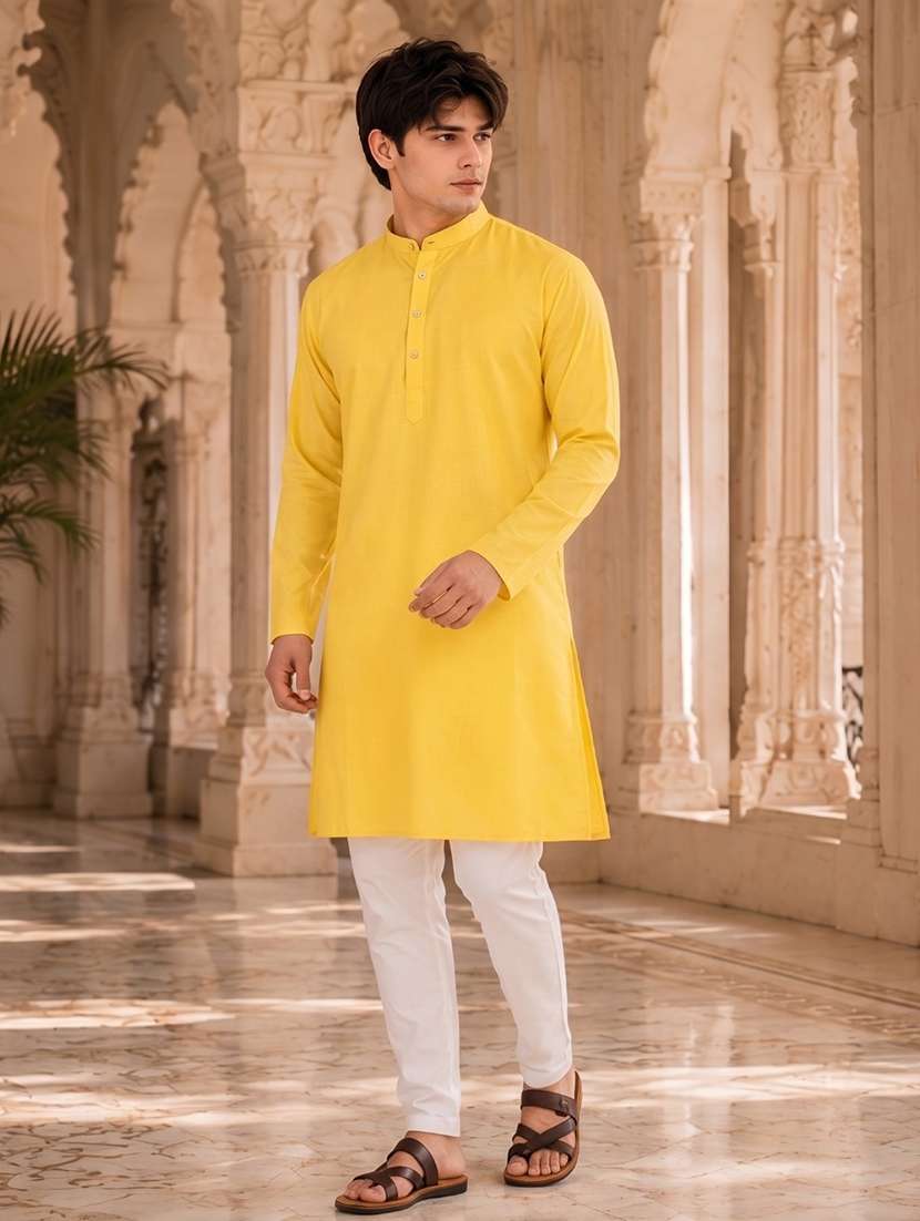 yellow solid kurta pyjama ethnic wear set