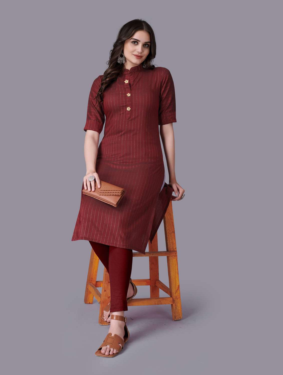 self design striped straight kurti
